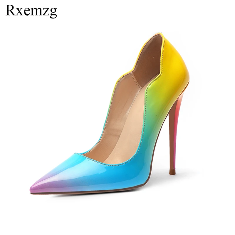 

Rxemzg colorful rainbow patent leather pumps for women sexy shoes big size high heels 10cm 12cm pointed toe wedding party shoes