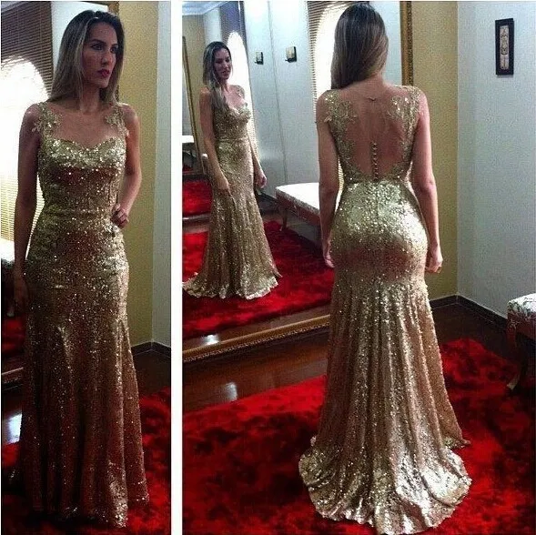 

Vestido de noche 2017 Custom Made Golden Mermaid Evening Dresses sequined Sweep Train Prom Dresses Sleeveless sheer back WW07