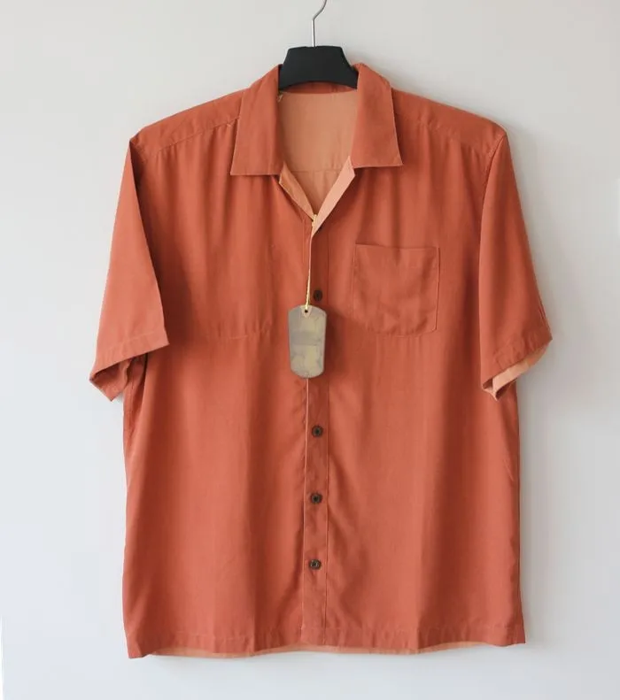 

Loose Shirt Men Silk Solid US Size Shirts Short Sleeve Reversible Big Pocket Turn-down Collar Gray L