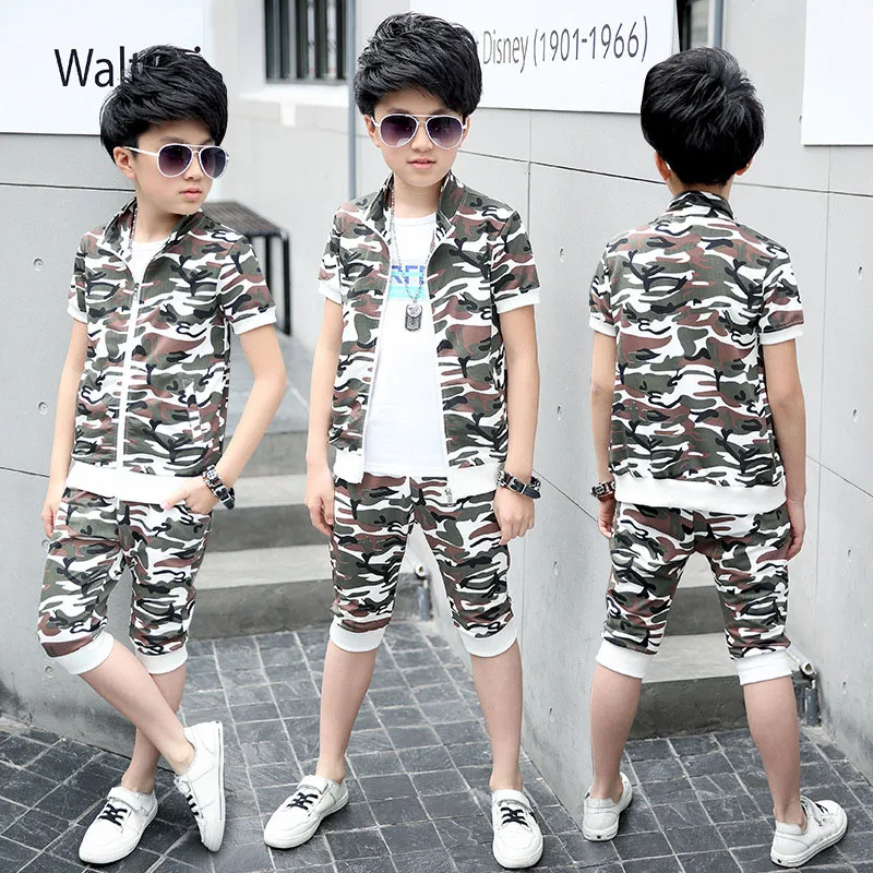 

Boys Clothes Sets 2018 Summer Children Clothing Camouflage Short Sleeves Coat+Shorts 2pcs Boy Sport Suit 4 6 8 10 12 14 15 Years