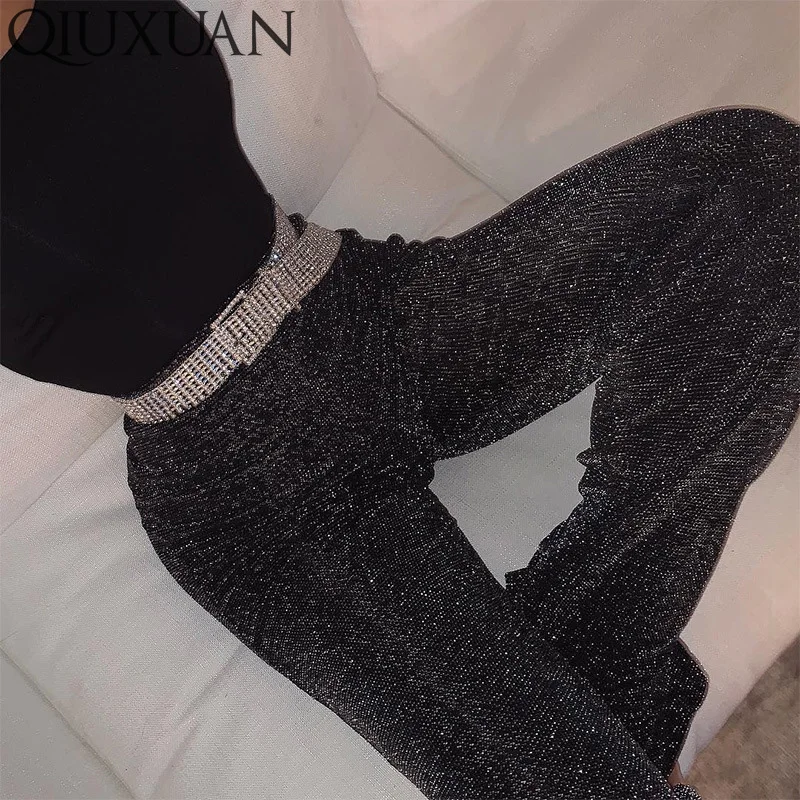 

Qiuxuan Elastic High Waist Glitter Knit Women Pants Spring Autumn Fashion Casual Straight Long Pants Female Black Trousers