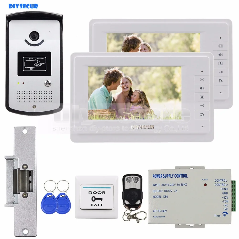 

DIYSECUR 7 inch Video Door Phone Kit 1V2 + Strike Lock + Remote Control + Exit Button + Keyfobs + PSU