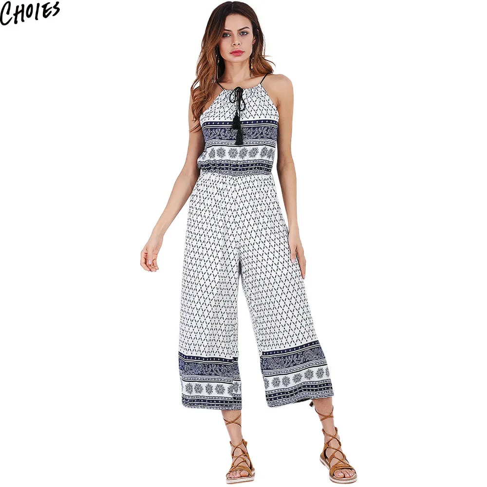 White Halter Geometric Print Wide Leg Jumpsuit Women Calf Length ...