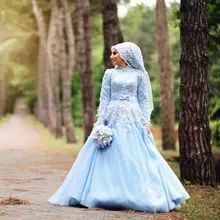 MZY1542 light blue long sleeves hijab veil lace flowers floor length high neck muslim wedding dress