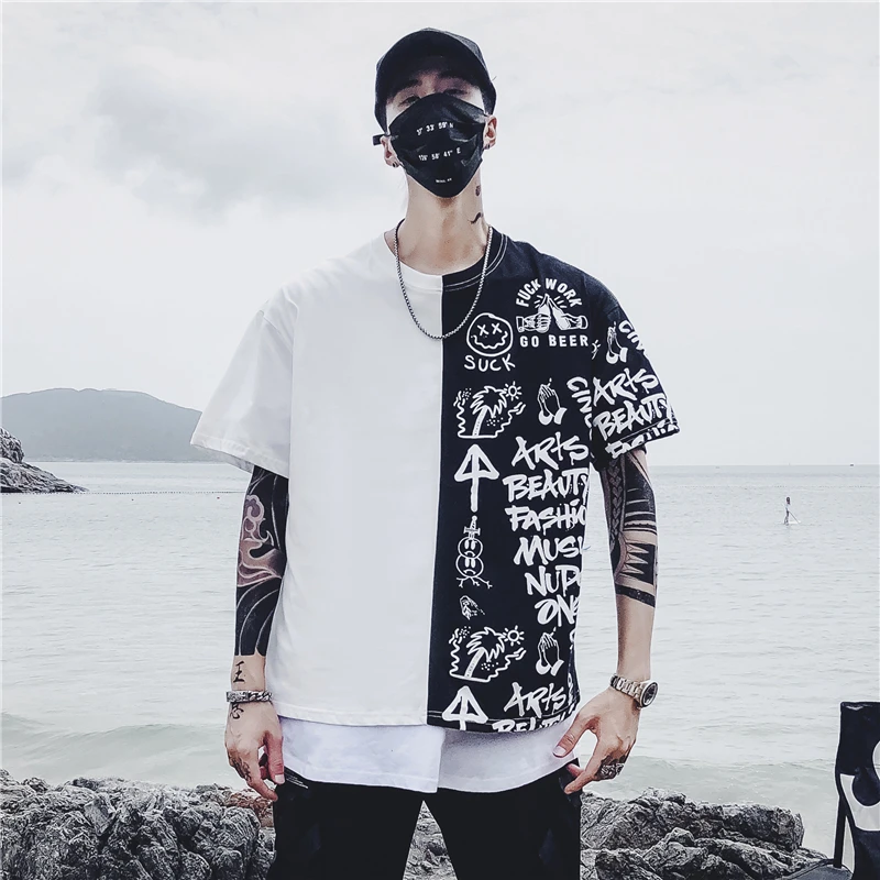 2019 летние черно белые футболки с принтом граффити Harajuku топы хип хоп Swag Tyga