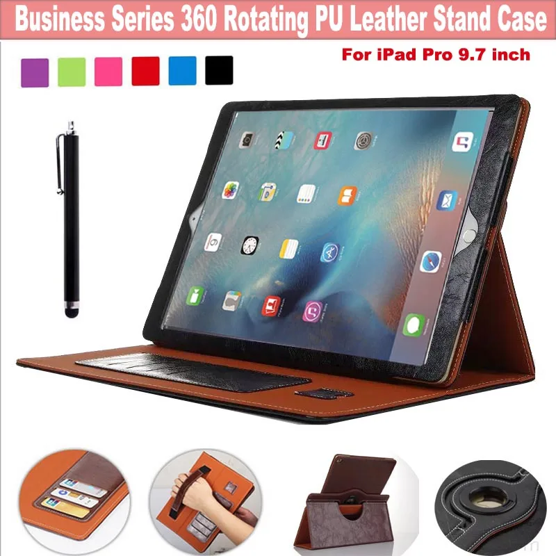 

360 Degree Rotating Pu Leather Stand Folio Case Cover For Apple iPad Pro 9.7''/ Air 3 2016, Hand Strap, Multi-Angle, Card Holder