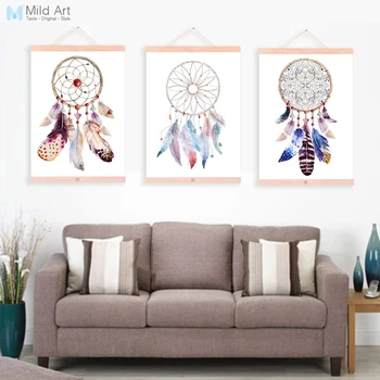 

Indian Vintage Dreamcatcher Feather Wooden Framed Canvas Paintings Nordic Living Room Home Decor Wall Art Pictures Poster Scroll