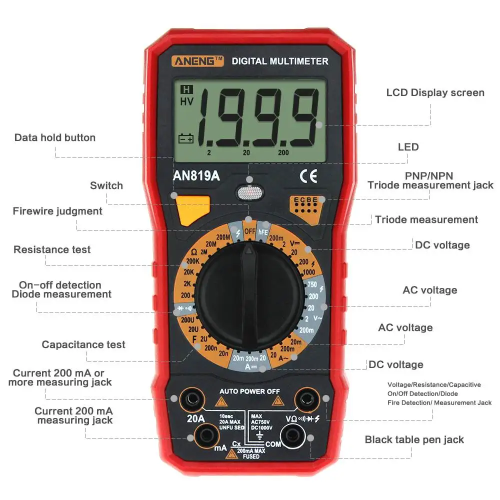 ANENG AN819A цифровой мультиметр AC/DC Амперметр напряжения Емкость Сопротивление транзистор измеритель тока+ Крокодил Зажимы