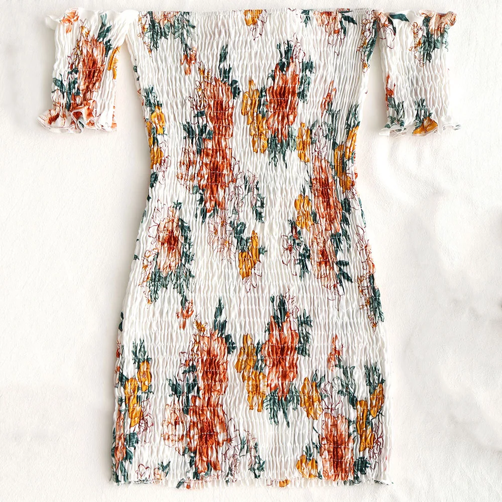 ZAFUL Casual Summer Dress Off Shoulder Floral Shirred Mini Dress Women