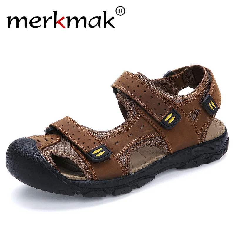 melhor Merkmak 2018 Novos Sapatos Da Moda Verão Homens Sandálias de Couro de Vaca Dos Homens Casuais Ao Ar Livre Sola De Borracha Sandália Sapatos de Praia Plus Size 47
