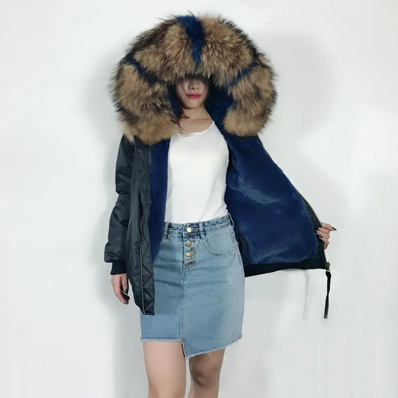 Deep Blue Bomber Jacket Winter Big Size Raccon Fur Collar Parka for Women