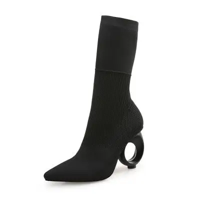 Осенне-зимние полусапожки; ботинки с острым носком; высокие сапоги; вязаные сапоги; сапоги-трубы средней высоты; женская обувь на высоком каблуке - Цвет: Черный