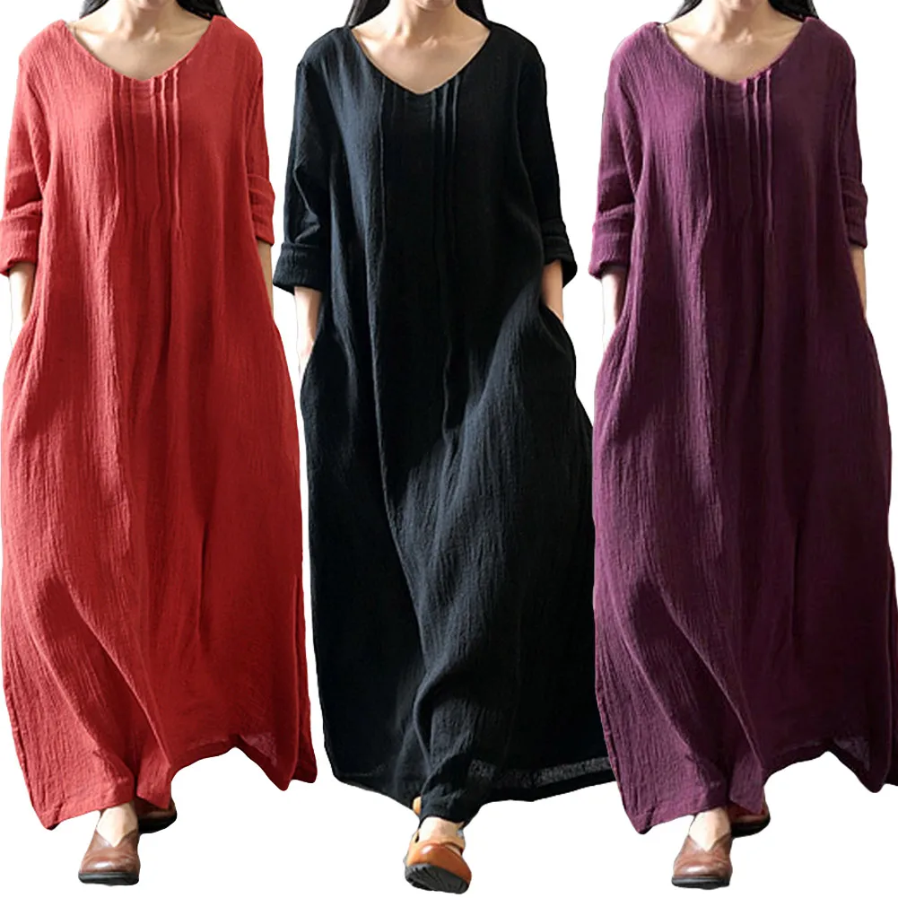 

2019 Summer Vintage Dresses Women Long Dress Solid V Neck Long Sleeve Linen Retro Maxi Dress Plus Size 5XL robe femme