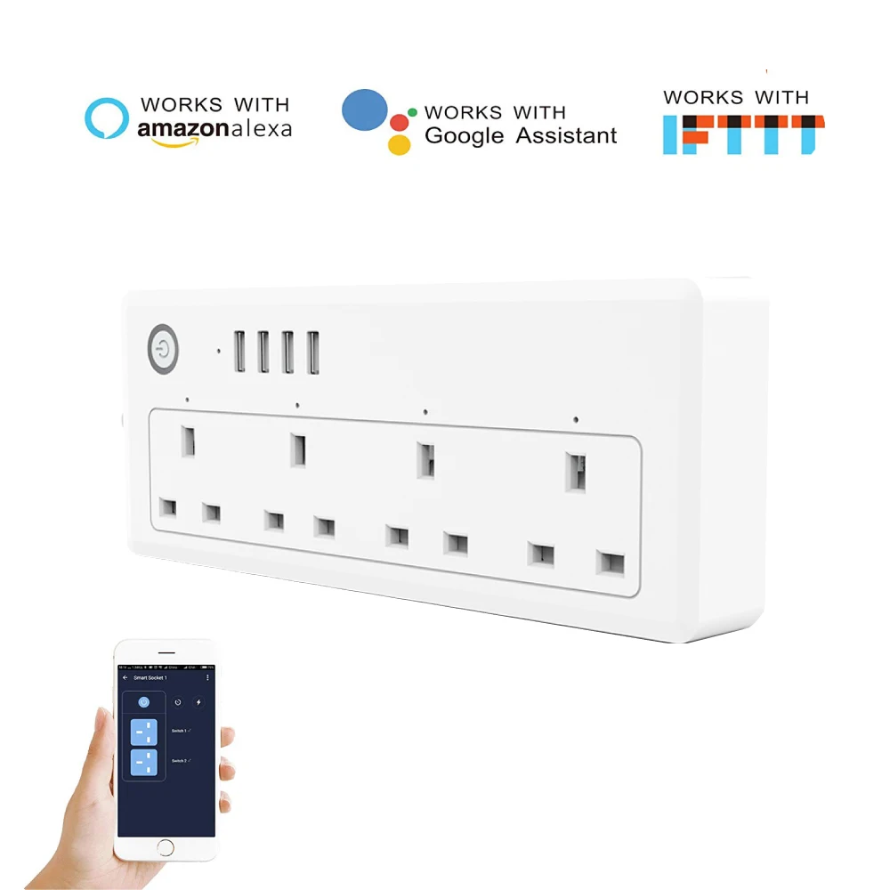 Дешево Умная полоса розетка 4 AC Розетка 4 USB порт Smart Wifi power Strip Быстрая зарядка беспроводной пульт дистанционного управления приложение для Alexa Google ...