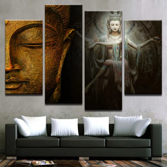 Wall Art Pictures Framework Living Room 4 Panel Buddha Meditation