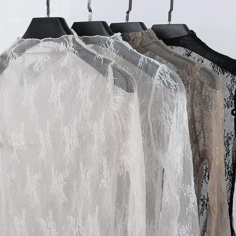 

Lace Shirt Female 2019 Spring New Perspective Mesh Bottoming Long Sleeves Inside The Fairy Sweet Half-high Collar Women HJ243