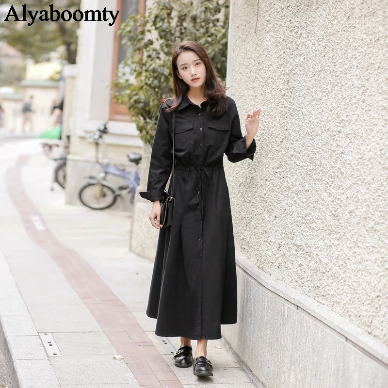 

Mori Girl Spring Autumn Women Long Shirt Dress Turn-Down Collar Black Elegant Vestido Longo Vintage Cotton Midi Cardigan Dresses