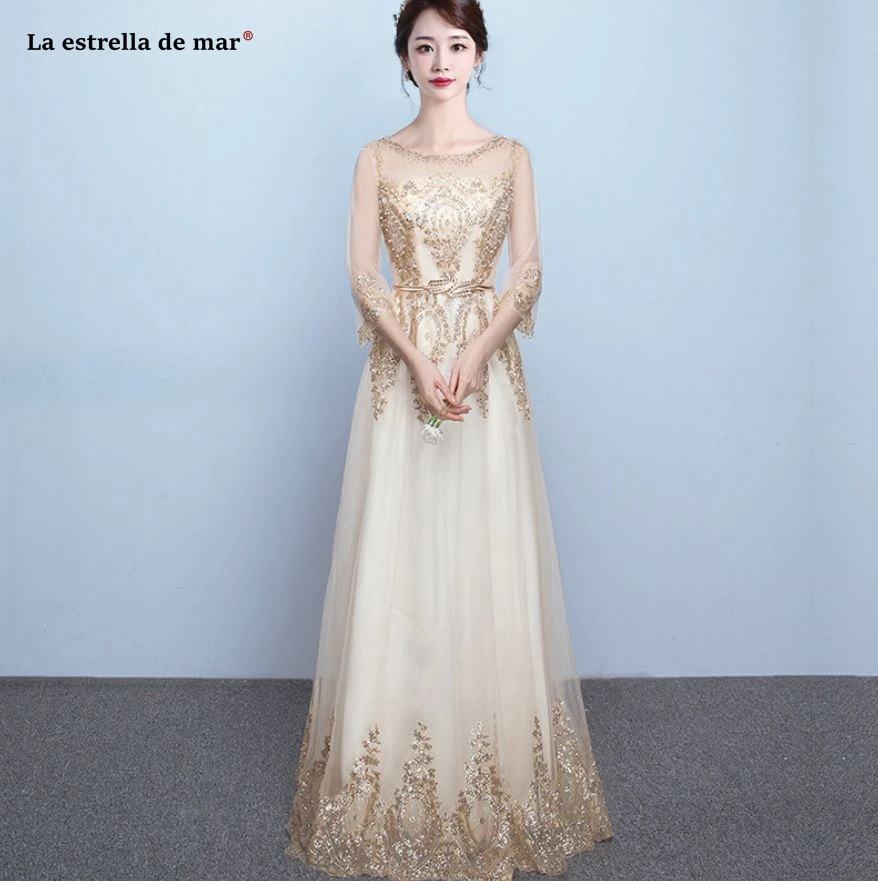 Vestido dama de honor boda, новинка, круглый вырез, 3/4 рукав, ALine, золото, шампанское, серебро, кружево, блестки, свадебное платье, длинное