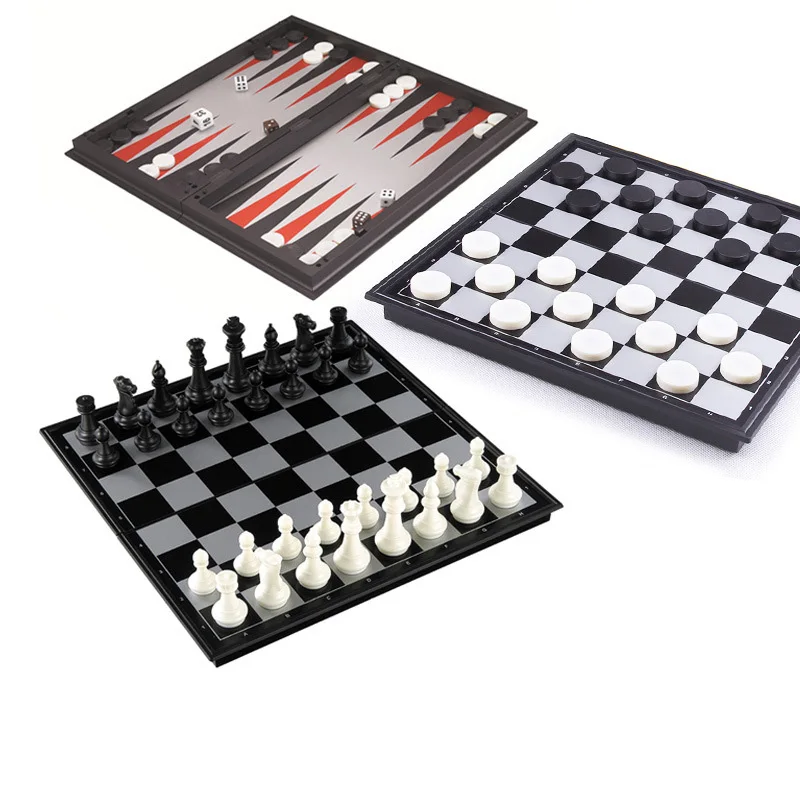 Offerte Pieghevole Set di Scacchi Backgammon magnetico Dama Internazionale Set Gioco Da Tavolo Gioco di Strada Scacchi Collection Portatile Gioco Da Tavolo