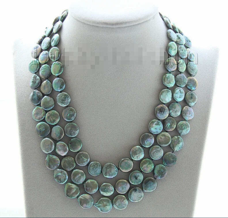 

adjustable 15.5"-17.5" 3row 12mm coin fastener green pearls necklace j9509^^^@^Noble style Natural Fine jewe SHIPPING (C0309)