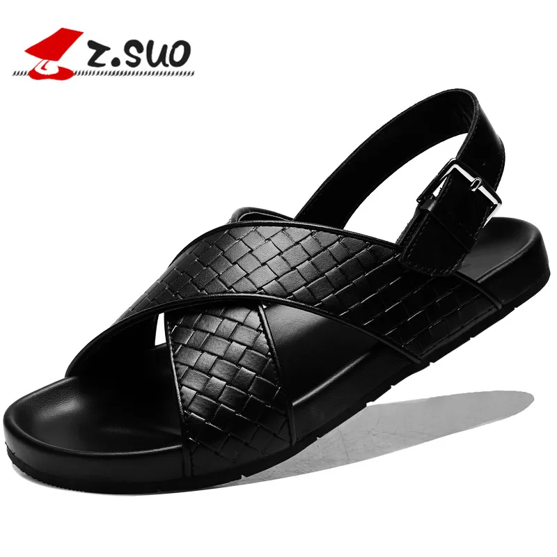 

Z.SUO ZS19606 New Fashion Weaved Pattern Back Buckle Design 100% Genuine Leather Non-Slip Rubber Sole Men's Summer Sandals Shoes