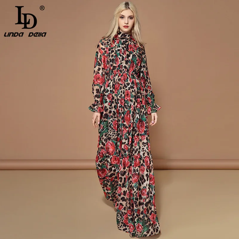 Goedkoop LD LINDA DELLA Fashion Runway Lange Mouwen Maxi Jurken vrouwen Elegante Partij Rose Bloemen Luipaard Print Lange Jurk Vakantie jurk