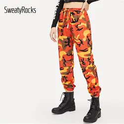 SweatyRocks камуфляж печати шнурок талии брюки Activewear красочные конические спортивные штаны 2019 Весна для женщин повседневные камуфляжные штаны