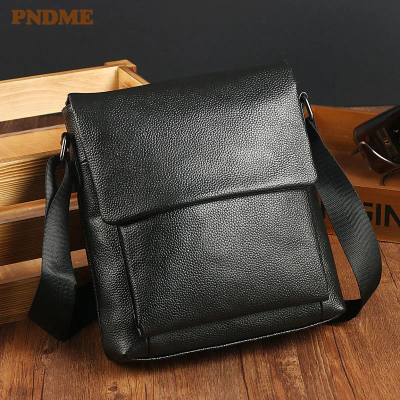 

PNDME casual simple first layer cowhide men's shoulder bag handmade soft genuine leather messenger bags daily small square bag