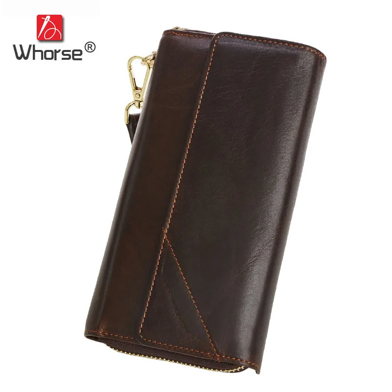 

Vintage Casual Style Genuine Leather Men Long Wallet Zipper Oil Wax Cowhide Mens Wallets Clutch Bag Purse With Handle W9318