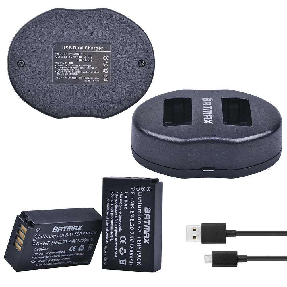 2Pcs EN EL20 EN EL20 ENEL20 Rechargeable Li Ion Battery Dual USB Charger for Nikon 1