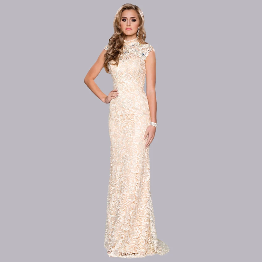 

New Arrive Champagne Long Elegant Evening Dresses Mermaid High Neck Cap Sleeves Vintage Lace Evening Gowns abend kleider 2015