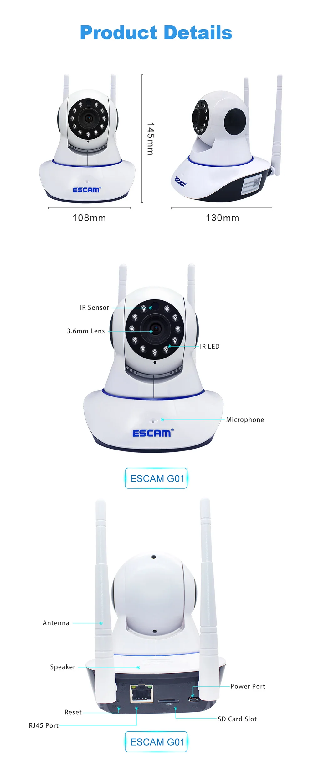 ESCAM G01 IP Network Camera Remote Viewing Move Detection Night Vision 1080P PTZ Support ONVIF Max Up to 128GB Video Monitor