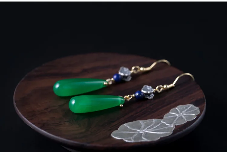 Uglyless Real 925 Sterling Silver Ethnic Abstract Hearts Earrings for Women Water Drop Jade Dangle Earrings Lapis Brincos