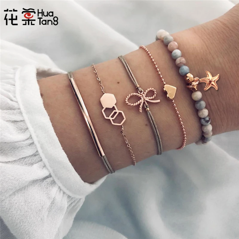 

HuaTang Bohemia Colorful Beaded Bracelets Set for Women Bowknot Star Heart Multi-layer Adjustable Pendant Bracelet Jewelry 7124