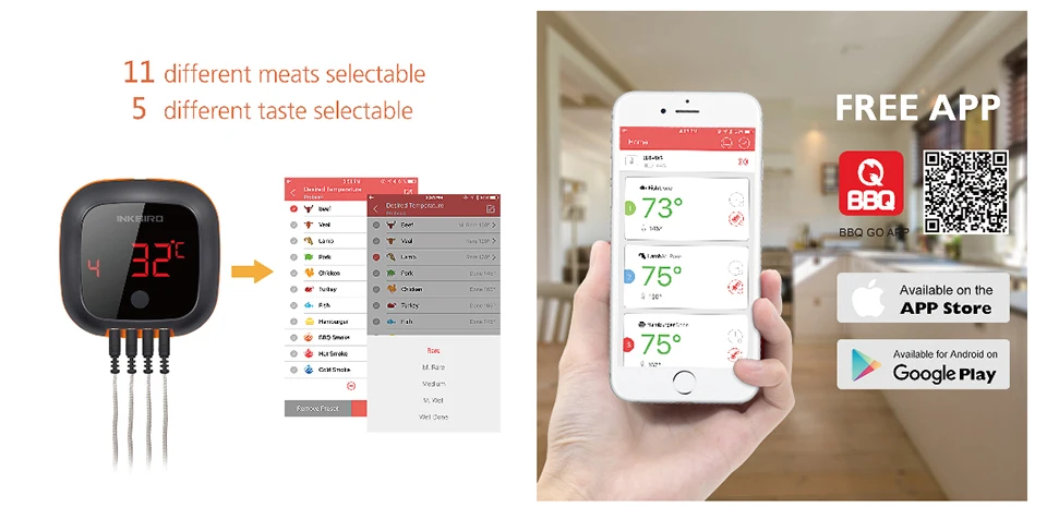 Inkbird Bluetooth Grill BBQ Meat Thermometer with 4 Probes Digital Wireless  Grill Thermometer, IBT-4XS, Timer, Alarm,150 ft Barbecue Cooking Kitchen  Food Meat Thermometer for Smoker, Oven, Drum 
