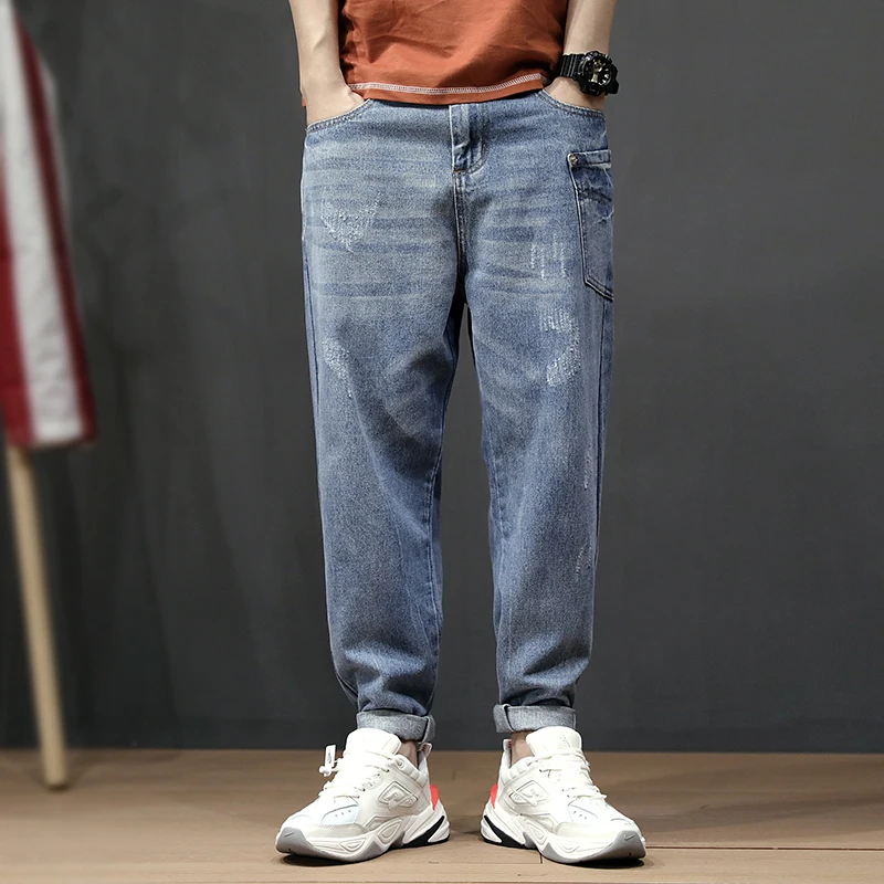 Spring Summer Fashion Men Jeans Retro Blue Wash Loose Fit Harem Pants Side Big Pocket Streetwear Vintage Distressed Jeans Men