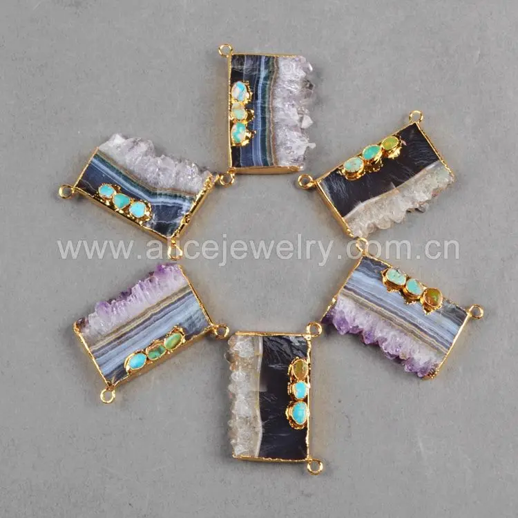 

BOROSA 1 Piece Gold Color Natural Purple Crystal Druzy Slice & Rainbow Blue Stone Connector for Women Druzy Beauty Jewelry G0357
