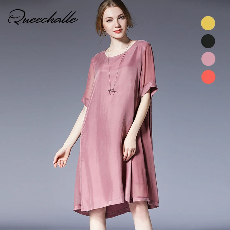 

Elegant Women Dress Summer Short Sleeve Loose A-line Dress Party Female Knee length Pink Dresses Femme Vestidos