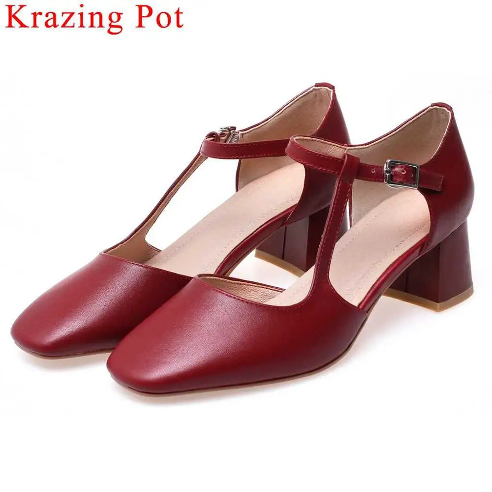 

Krazing Pot genuine leather chunky med heels buckle strap hollow women pumps square toe young girls plus size party shoes L76