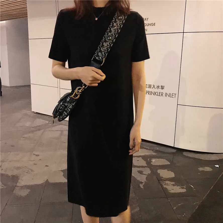 

2019 spring and autumn solid color short Sleeve knee length dress Women Korean o neck black Dress women (R5581)