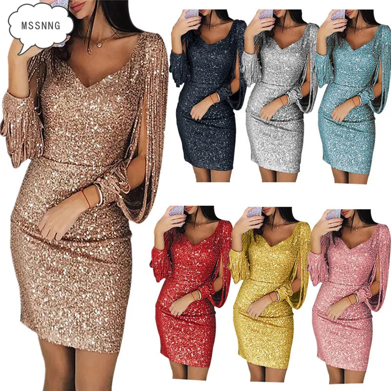 

MSSNNG 2019 Spring And Summer New Fashion Temperament Deep V-Neck Slim Slimming Dress Sparkling Tassel Long Sleeve Party Dress