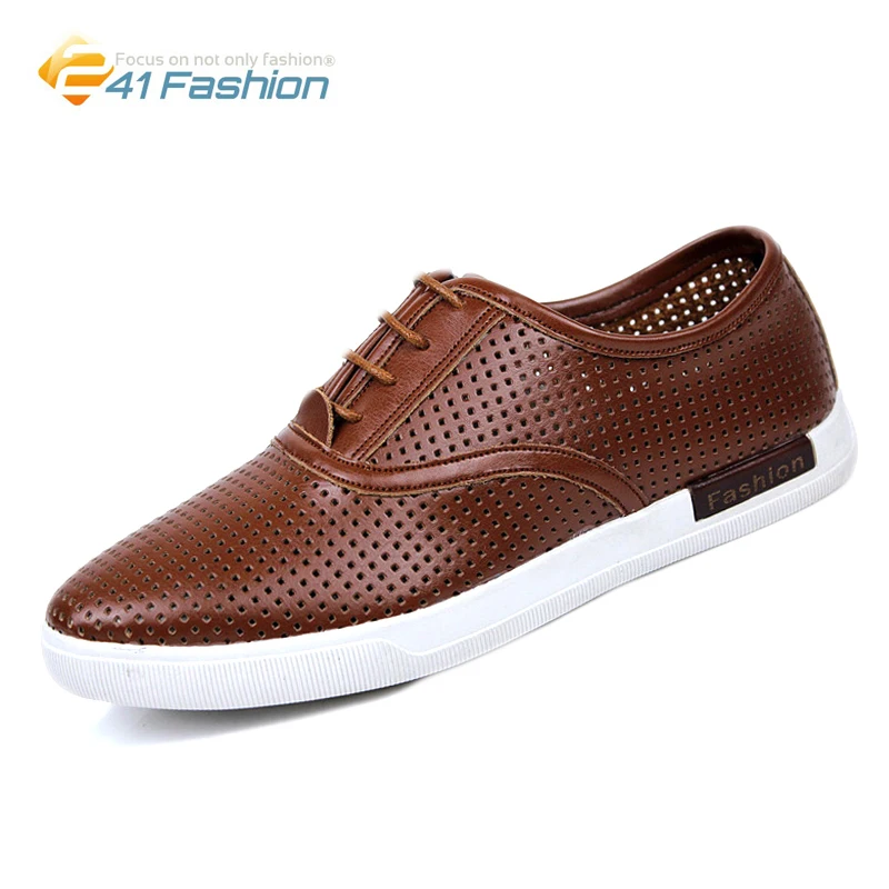 

2017 Brand Genuine Leather Hollow Out Casual Men Shoes Fashion Summer Breathable Flats Soft Leather Lace up Men Business Shoes