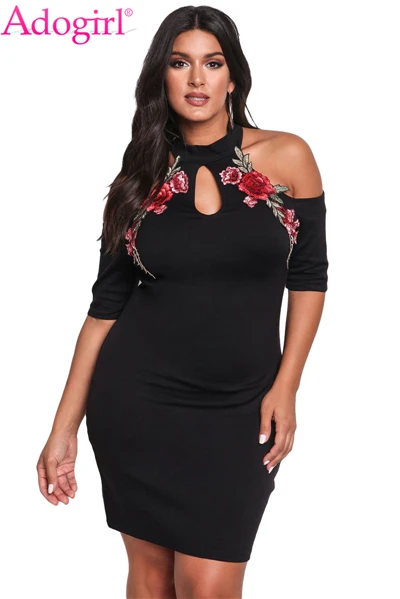 Adogirl/Недорогое Платье размера плюс с аппликацией розы и открытыми плечами, облегающее платье с круглым вырезом и коротким рукавом, облегающее Бандажное мини-платье для вечеринок, Vestidos - Цвет: Черный