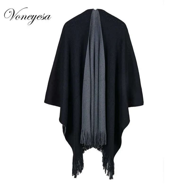 

Voneyesa Winter Knitted Shawl Scarf Fashion Women Warm Knitted Poncho Scarves Solid Color Winter Capes Cahmere Pashmina RO17062