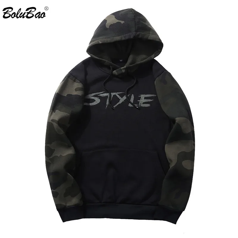 

BOLUBAO 2018 Sweatshirts Men Hoodies With Hat Print Style Spring Autumn Loose Camouflage Patchwork Casual Tracksuit Male