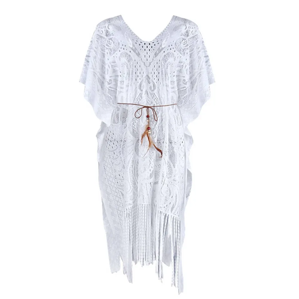 

2019 Fringe Tassel Lace Crochet Tunic Beach Cover Up Bikini Swimsuit Cover-ups Beach Dress Beach Wear Beachwear Female Y1431