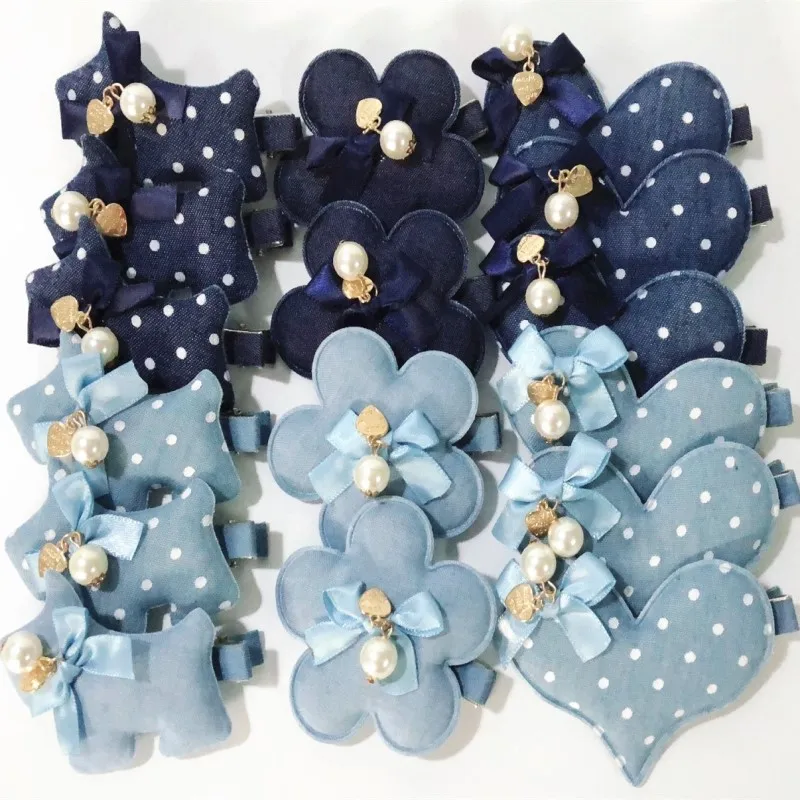 

AKWZMLY New Cute Cartoon Denim Hairpins Dots Dog Bowknot Headband Kids Barrettes Children Pearl Hair Accessories Girl Hair Clips