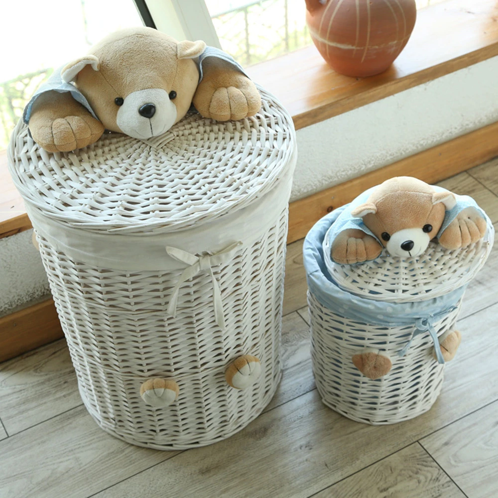 Panier A Linge Rond En Osier Tisse Panier De Rangement Avec Couvercle De Tete D Ours Petit Et Grand Panier A Linge Aliexpress