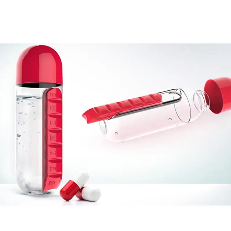 

600ML 2 in 1Pill Box Water Bottle 7 Compartments Medicine Organizer With Drinking Bottle Portable Pill Bottles