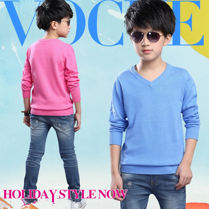 Fashion Boys Sweater Knitting Pattern Spring Children Pullovers Tops Cotton Kids Outerwear Clothes Pure Color Sweater 4-16Y
